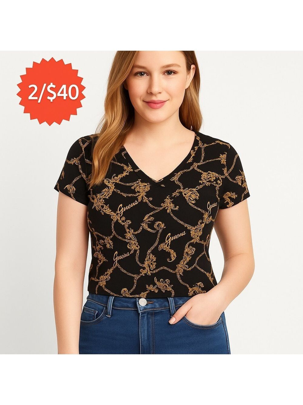 Guess tee V neckline gold black short sleeves soft jersey t-shirt Large